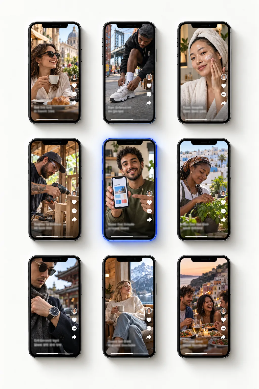 Nine smartphones in a grid, each showing a short-form video feed from a different market